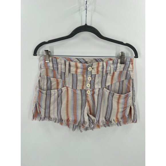 Free People Women Size 0 Striped Linen Blend Button Fly Frayed Hem Shorts - Picture 1 of 12